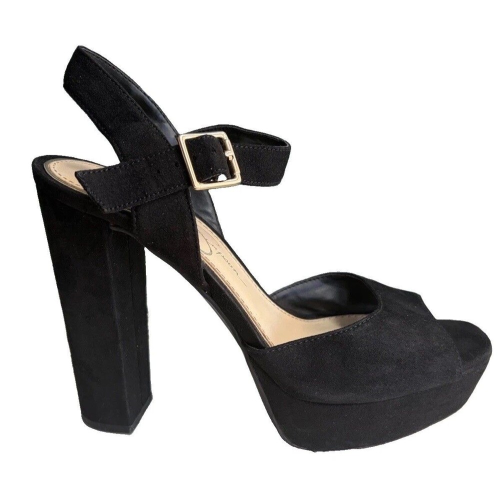 Jessica Simpson Black Platform Block Heel Sandals Ankle Strap office siren 7.5
